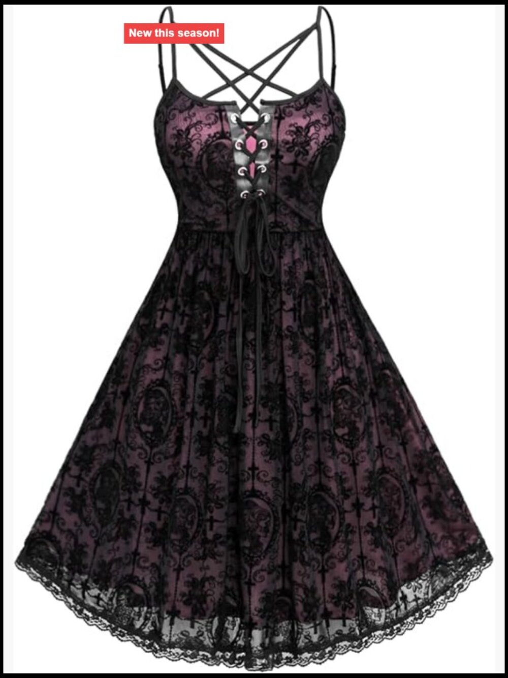 Plus Size Gothic Lace Overlay Strappy Midi Dress Sleeveless A-Line Silk